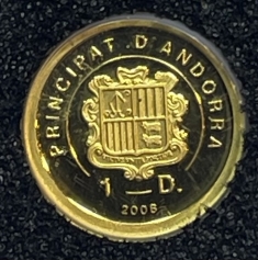 Золотая монета 1 динер Андорра 2008г., 0,5г., Au 999